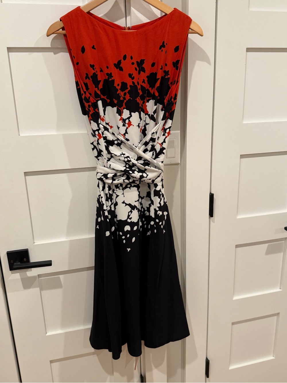 Hobbs London Red/Orange, Navy & White Twist-Front Women's Dress